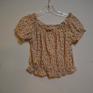 Heart and Arrow Peasant Style Blouse Short Ruffles White-Brown Floral Girls 14
